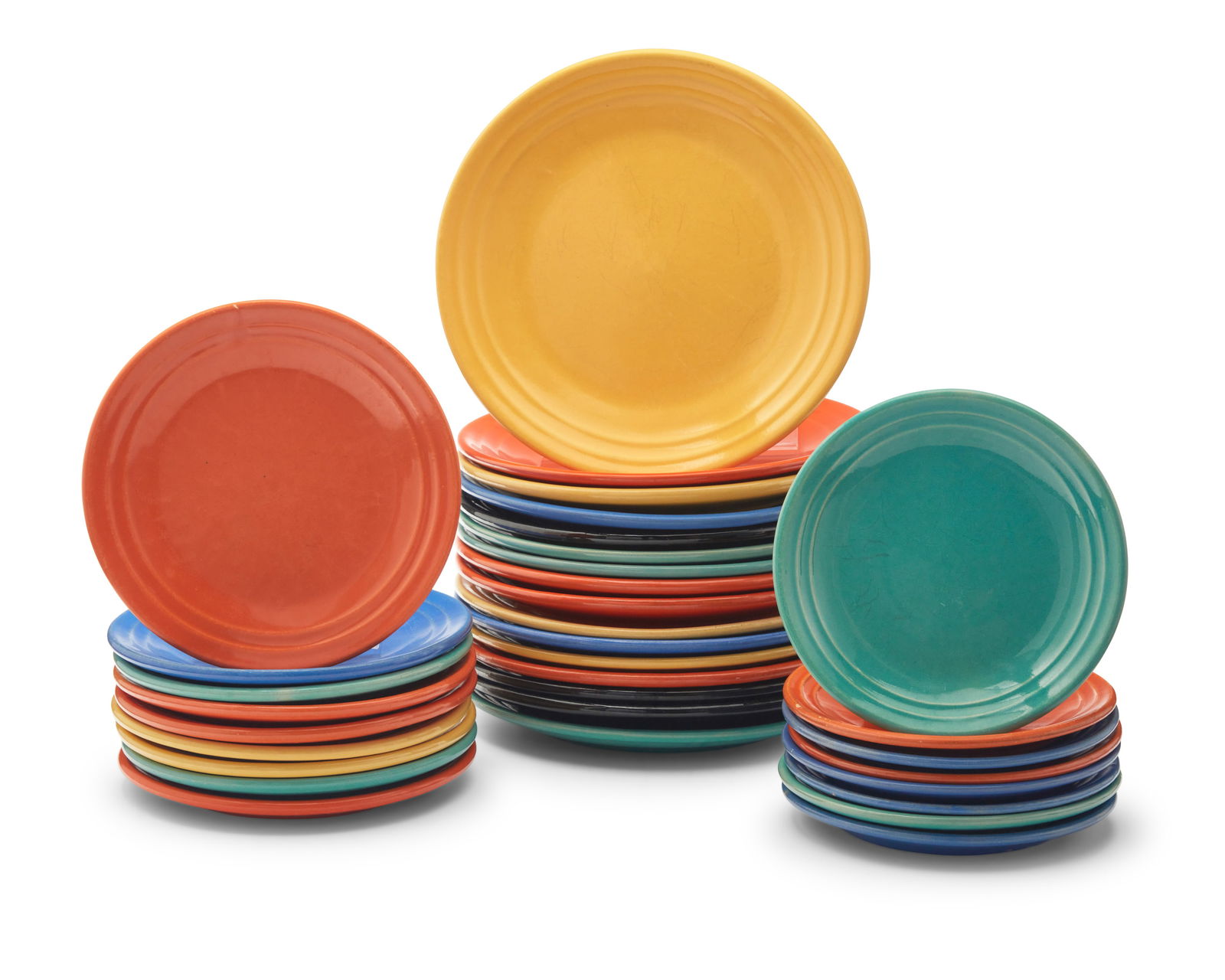 A group of California Rainbow ceramic dishware: A group of California Rainbow ceramic dishwareMid/late 20th centurySome dinner plates impressed to underside: California / RainbowComprising 16 dinner plates (9.5"), 9 salad plates (7.625"), and 8 bre