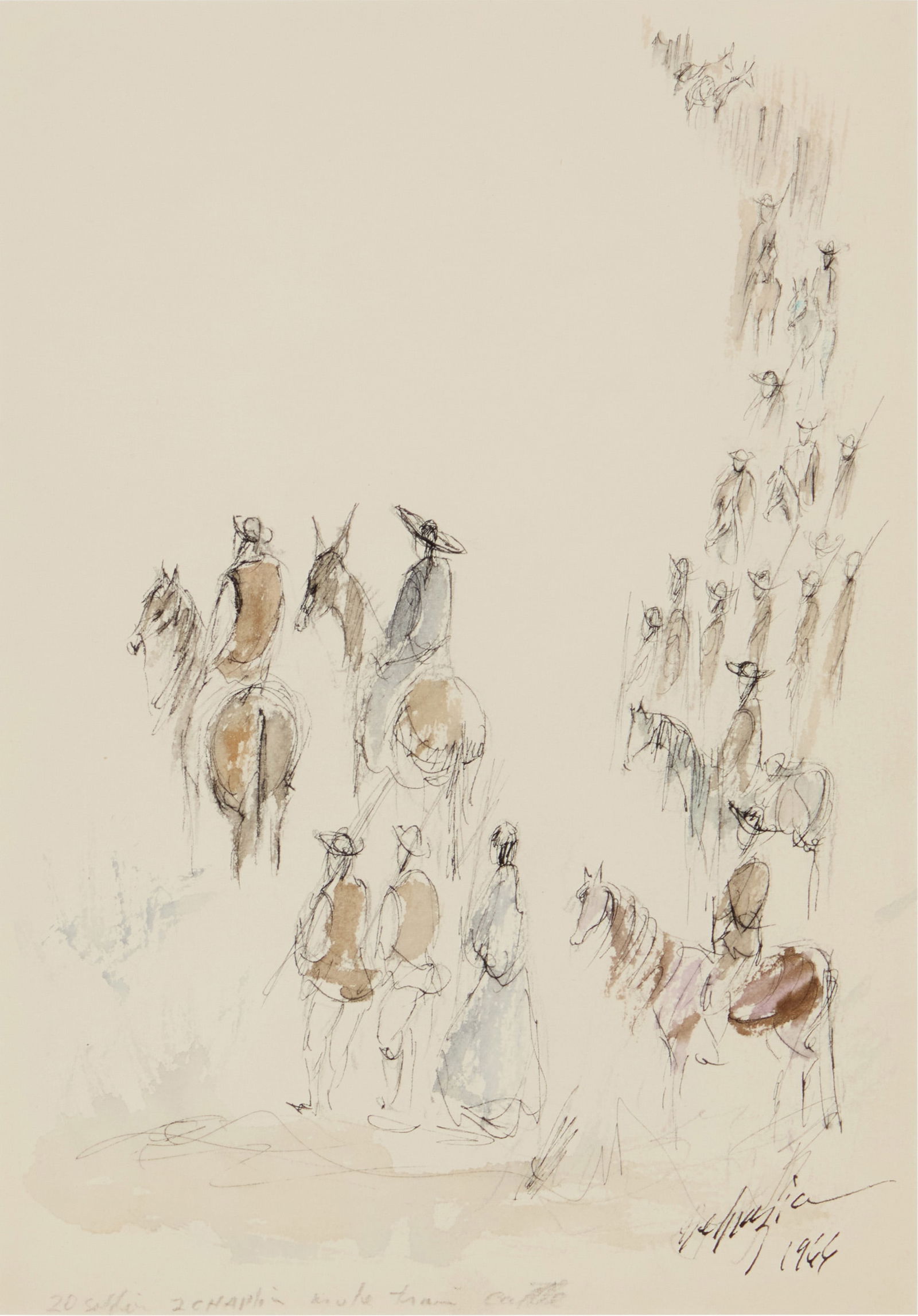 Ted De Grazia (1909-1982), "20 Soldiers, 2 Chaplin, Mule Train, Battle," 1966 (1 of 6)