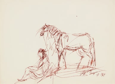 Ted De Grazia (1909-1982), Native American and his horse at rest, 1969