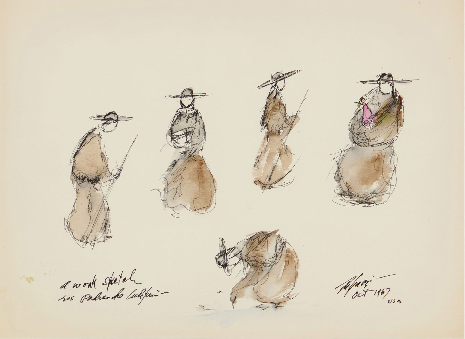 Ted De Grazia (1909-1982), "A Work Sketch Los Padres de California," 1967: Ted De Grazia(1909-1982)"A Work Sketch Los Padres de California," 1967Ink and watercolor on paperSigned, titled, dated, and inscribed in ink along the lower edge: De Grazia / Oct 1967 / "USA"Sight: 8.