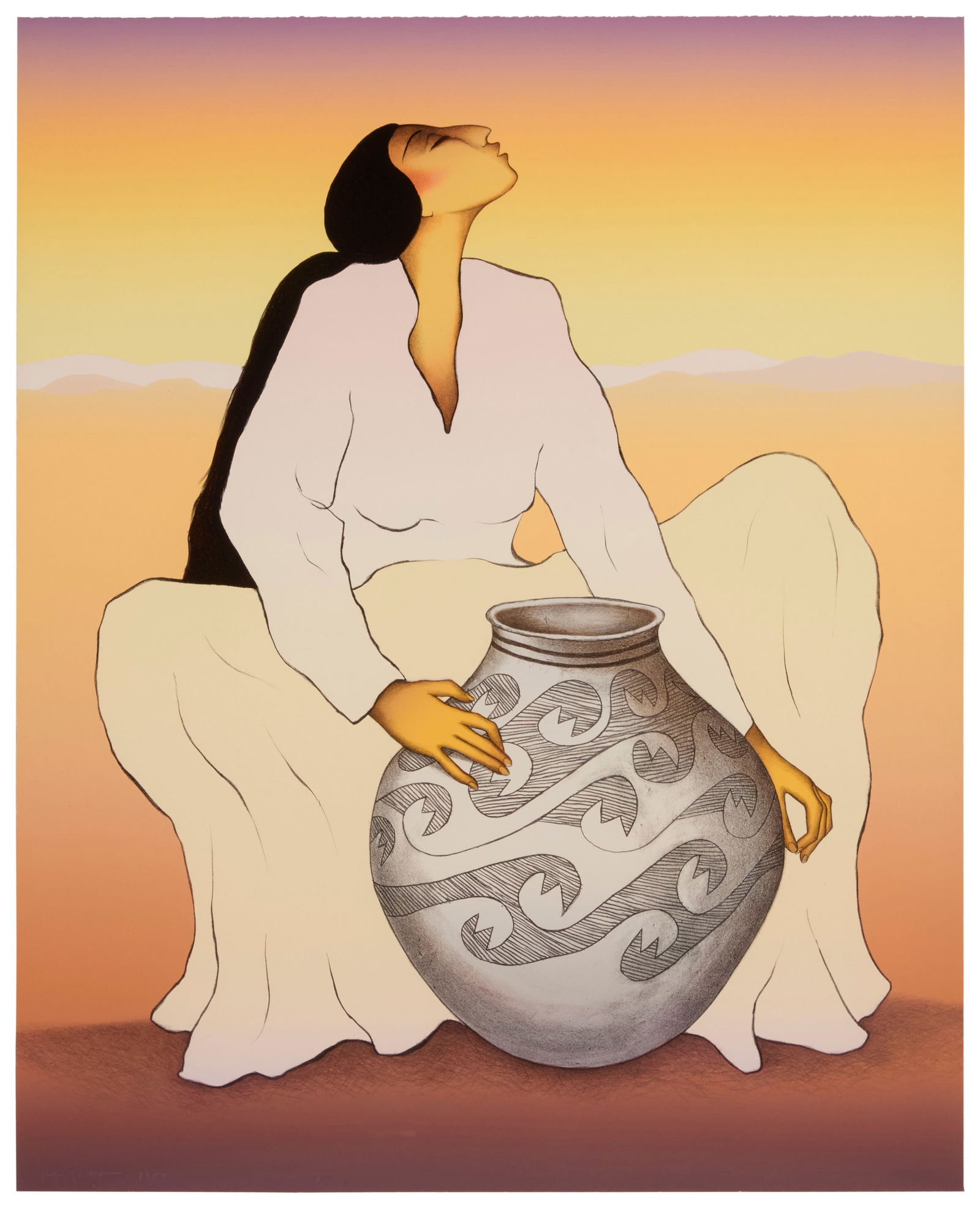 R.C. Gorman (1932-2005, Navajo/Dine), "Salina," 1989: R.C. Gorman(1932-2005, Navajo/Dine)"Salina," 1989Lithograph in colors on wove paperEdition: 39/224Signed, dated, and numbered in pencil, and with the artist's blindstamp, all along the lower edge: R.C