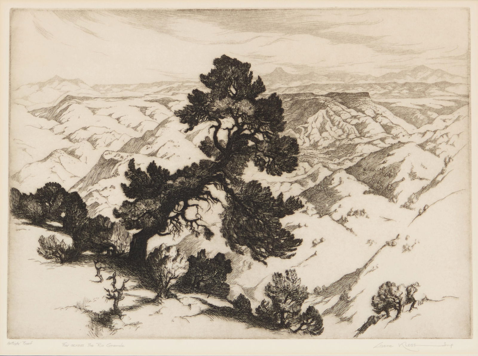 Gene Kloss (1903-1996), "Far Across the Rio Grande," 1939: Gene Kloss(1903-1996)"Far Across the Rio Grande," 1939Etching on wove paperAn artist's proof aside from the edition of 75Signed, titled, and inscribed "Artist's Proof," all in pencil in the lower marg