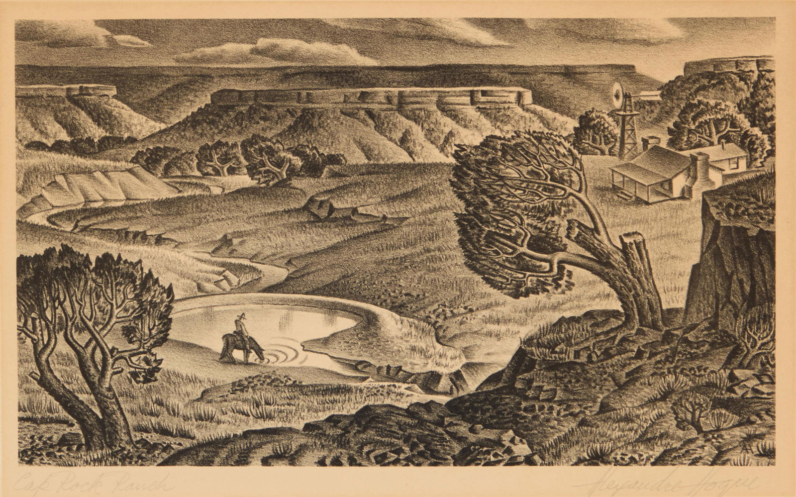Alexandre Hogue (1898-1994), "Cap Rock Ranch," 1945: Alexandre Hogue(1898-1994)"Cap Rock Ranch," 1945Lithograph on wove paperFrom the edition of 250Signed and titled in pencil in the lower margin: Alexandre Hogue; titled on the publisher's label affixed