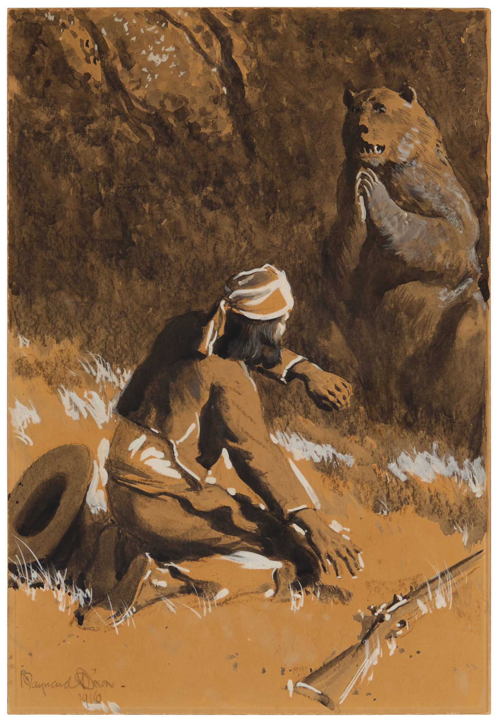 Maynard Dixon (1875-1946), "Hunter and Bear," 1916: Maynard Dixon(1875-1946)"Hunter and Bear," 1916Gouache on paperboardSigned and dated in pencil lower left: Maynard Dixon / 1916; titled on a label affixed to the frame's backing paper; alternatively t