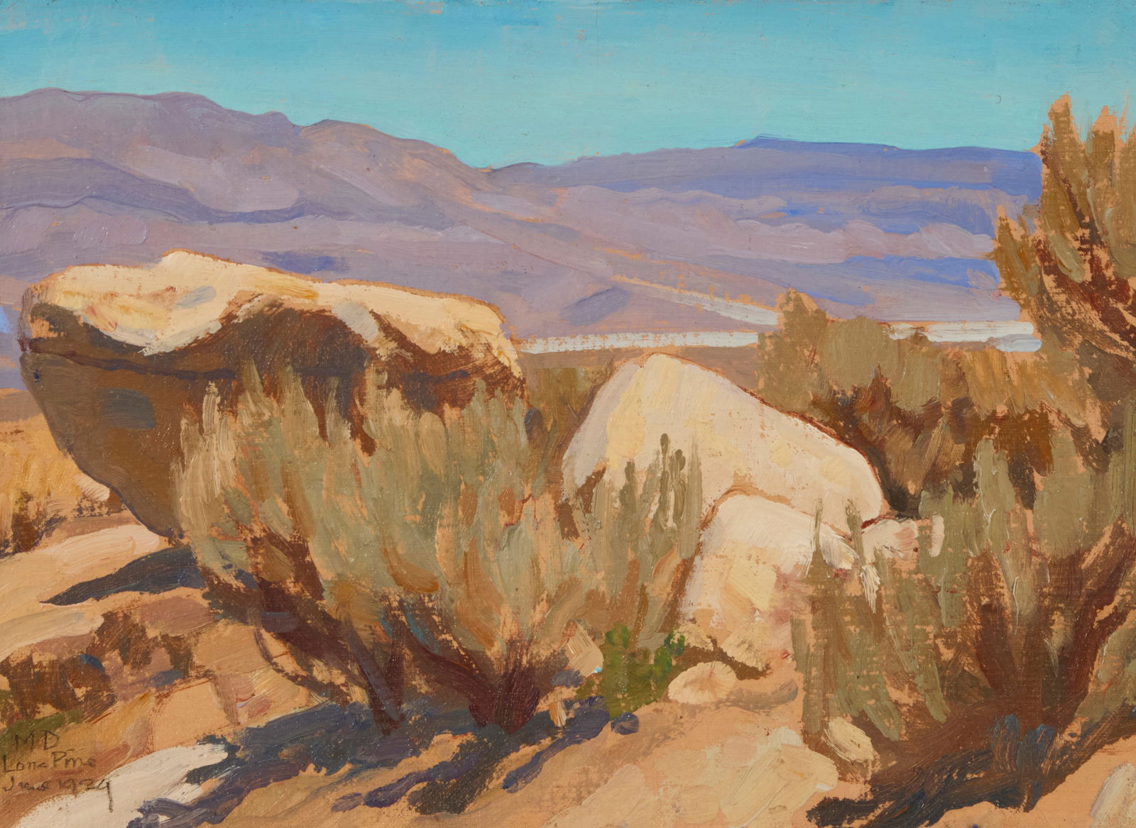 Maynard Dixon (1875-1946), "Lone Pine," 1924: Maynard Dixon(1875-1946)"Lone Pine," 1924Oil on canvas laid to artist's boardSigned with initials, titled, and dated lower left: MD / June 1924; with the artist's San Francisco studio label affixed ve