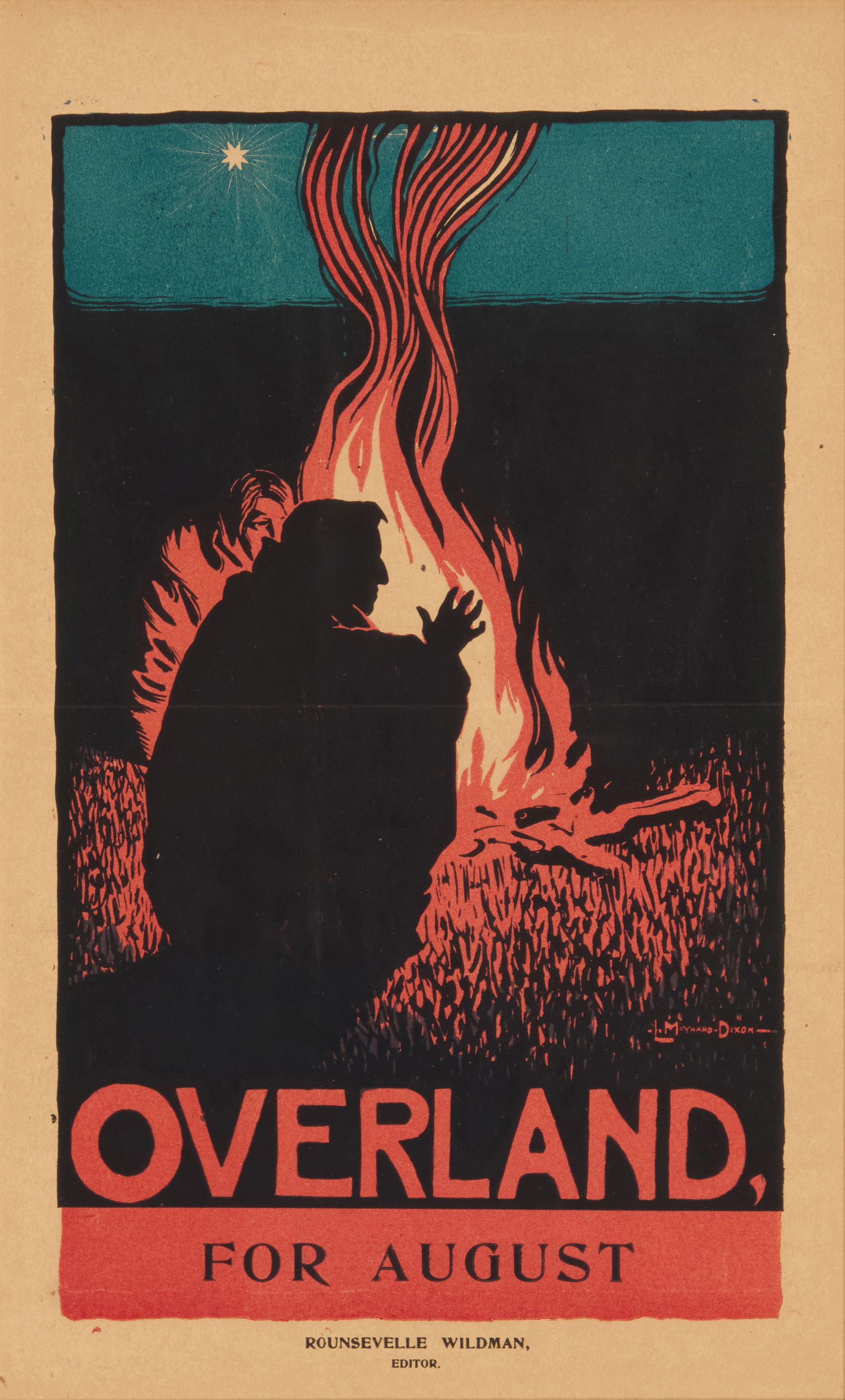 Maynard Dixon (1875-1946), "Overland Monthly for August," circa 1895: Maynard Dixon(1875-1946)"Overland Monthly for August," circa 1895Relief print in colors on light brown paperFrom the edition of unknown size and dateWith the printed signature lower right: L.Maynard.D
