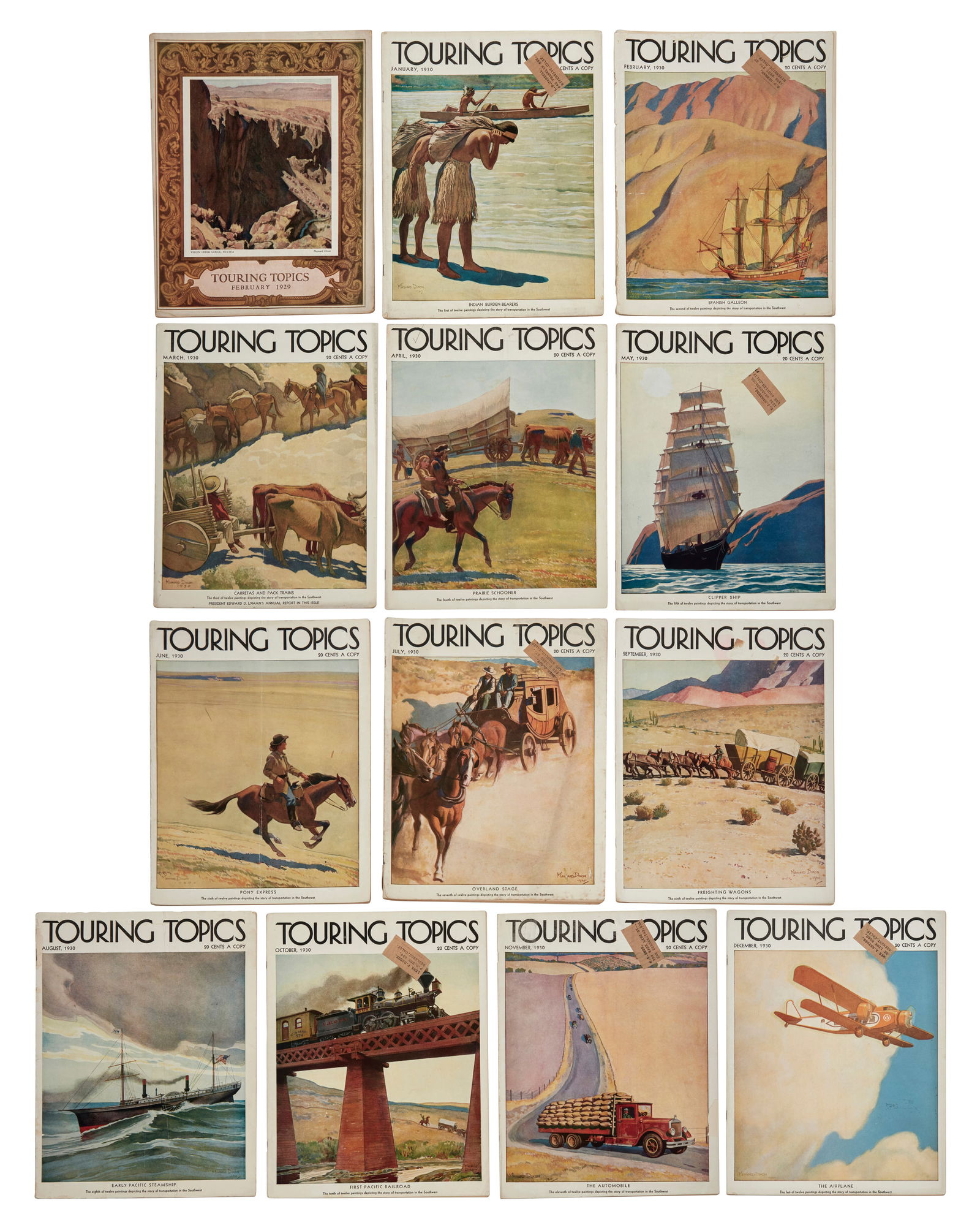 A collection of 13 "Touring Topics" magazines from 1930 with covers illustrated by Maynard Dixon: Maynard Dixon (1875-1946)A collection of "Touring Topics" magazines with illustrated covers, 1929-1930Staple-bound with soft wrappersHanna, Phil Townsend, ed. "Touring Topics." February 1929 & January