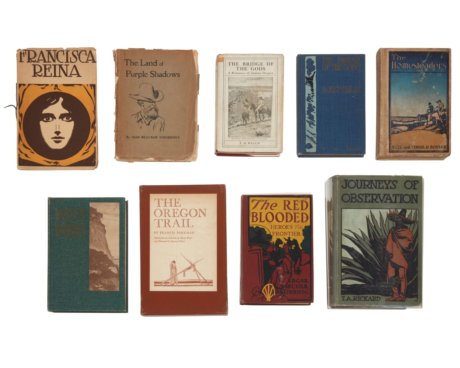 A group of Western books illustrated by Maynard Dixon (1875-1946): Maynard Dixon (1875-1946)A group of Western illustrated books, 1907-1943Nine works:Rickard, T. A. "Journeys of Observation." San Francisco: Dewey Publishing Company, 1907First EditionThe octavo with f