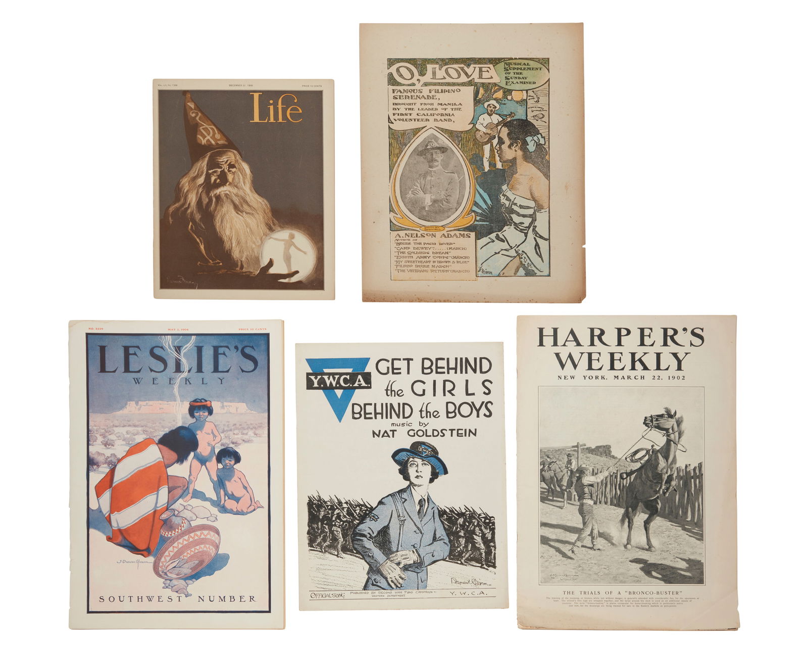 Four publication illustrations by Maynard Dixon (1875-1946): Maynard Dixon (1875-1946)Four publication illustrations, early 20th centuryStaple-bound or bi-fold printed pamphletsComprising a cover illustration from an early Life magazine issue December 31, 1908,