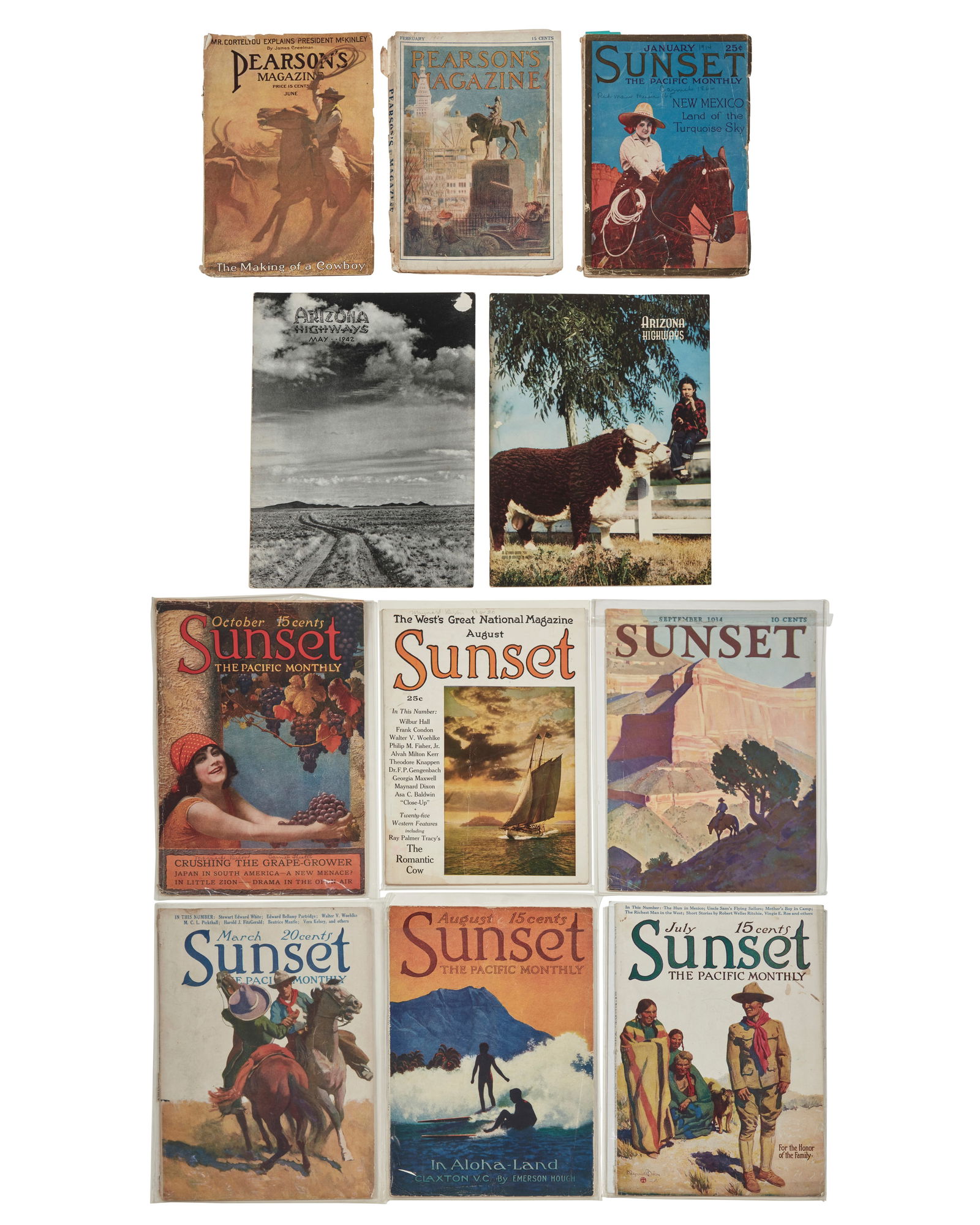 A group of publications with cover illustrations by Maynard Dixon (1875-1946): Maynard Dixon (1875-1946)A group of publications with illustrated covers and ephemera, 1908-1942Softcover bookletsComprising seven issues of "Sunset" magazine and two issues of "Pearson's" magazine, e