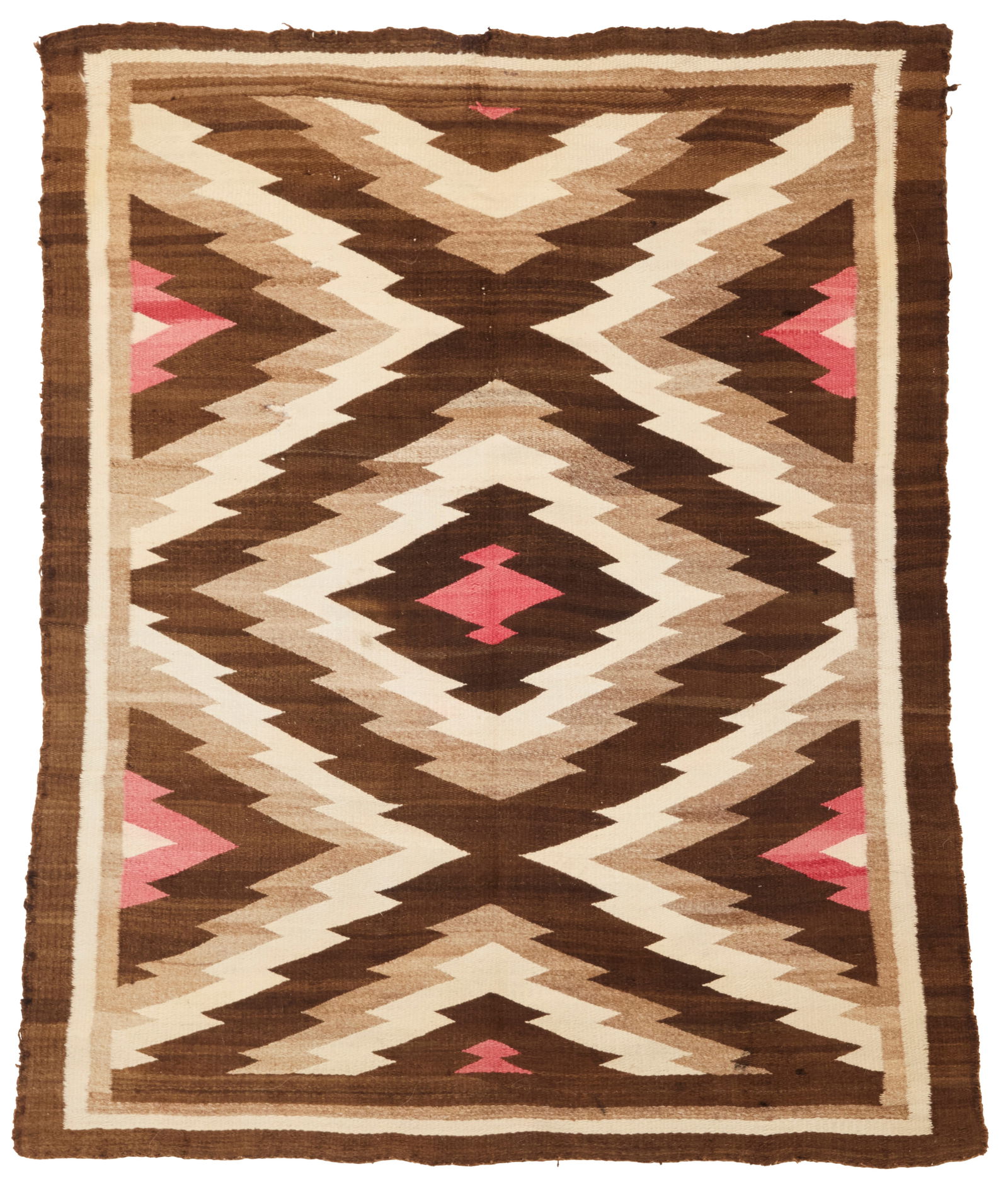 A Navajo regional rug: A Navajo regional rugEarly 20th century, DineWith stacked serrated diamonds woven in red, cream, natural brown, and dark brown wool54" H x 46" W