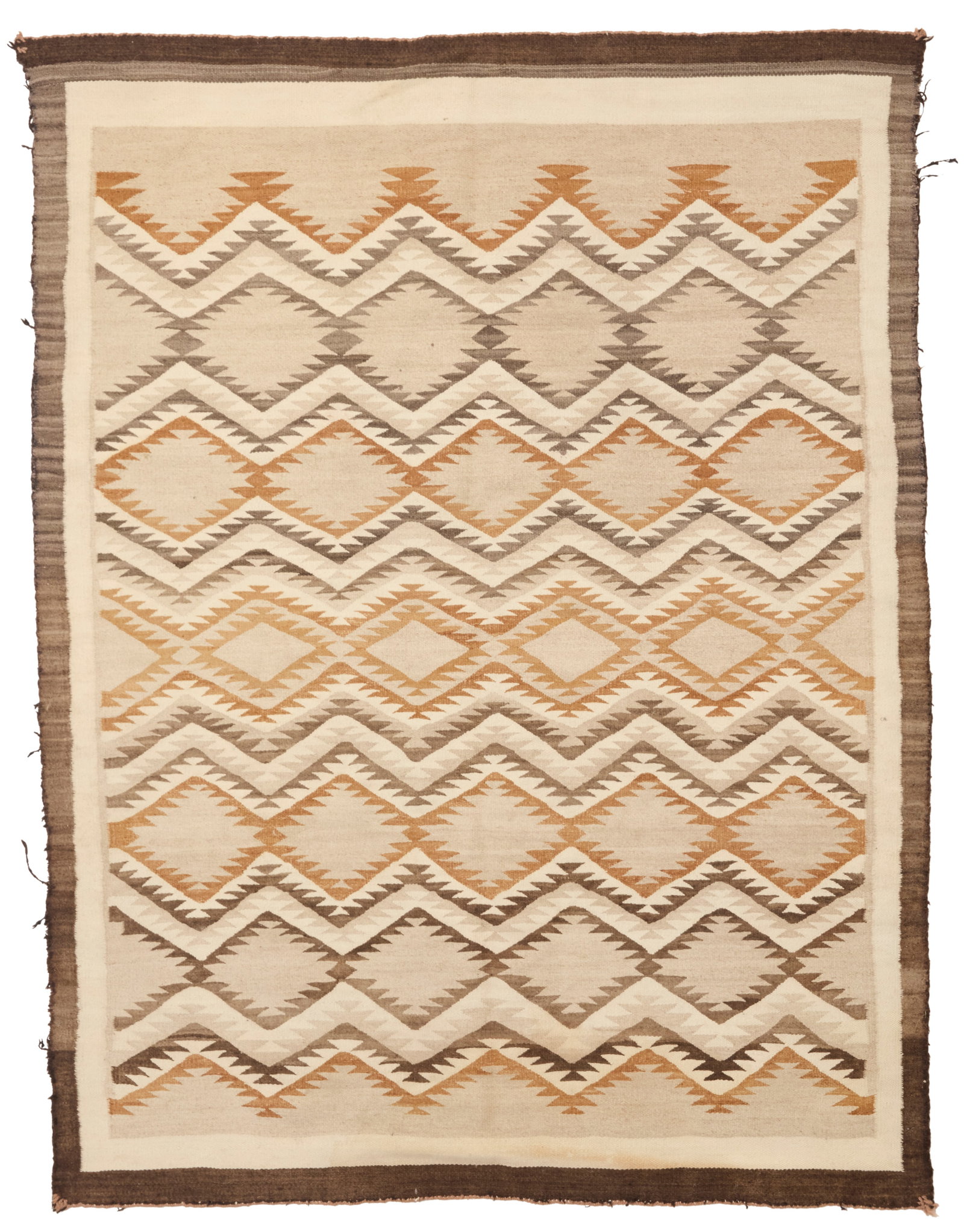 A Navajo regional rug: A Navajo regional rug Early 20th century, Dine With banded serrated diamonds woven in dark brown, natural grey, cream, tan, and ochre wool 64.75" H x 49" W