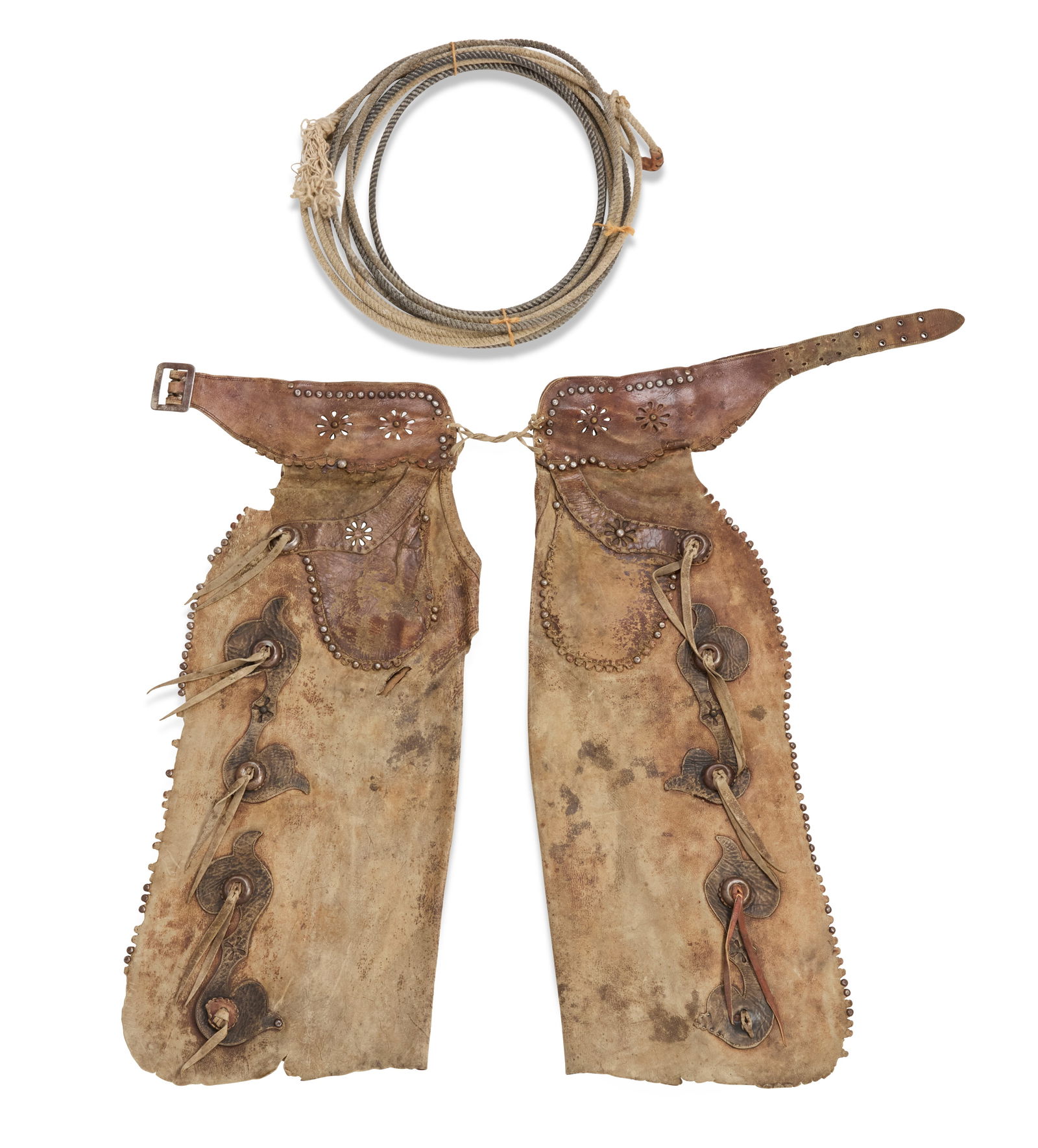 A pair of Early American cowboy leather chaps and a lariat (1 of 4)