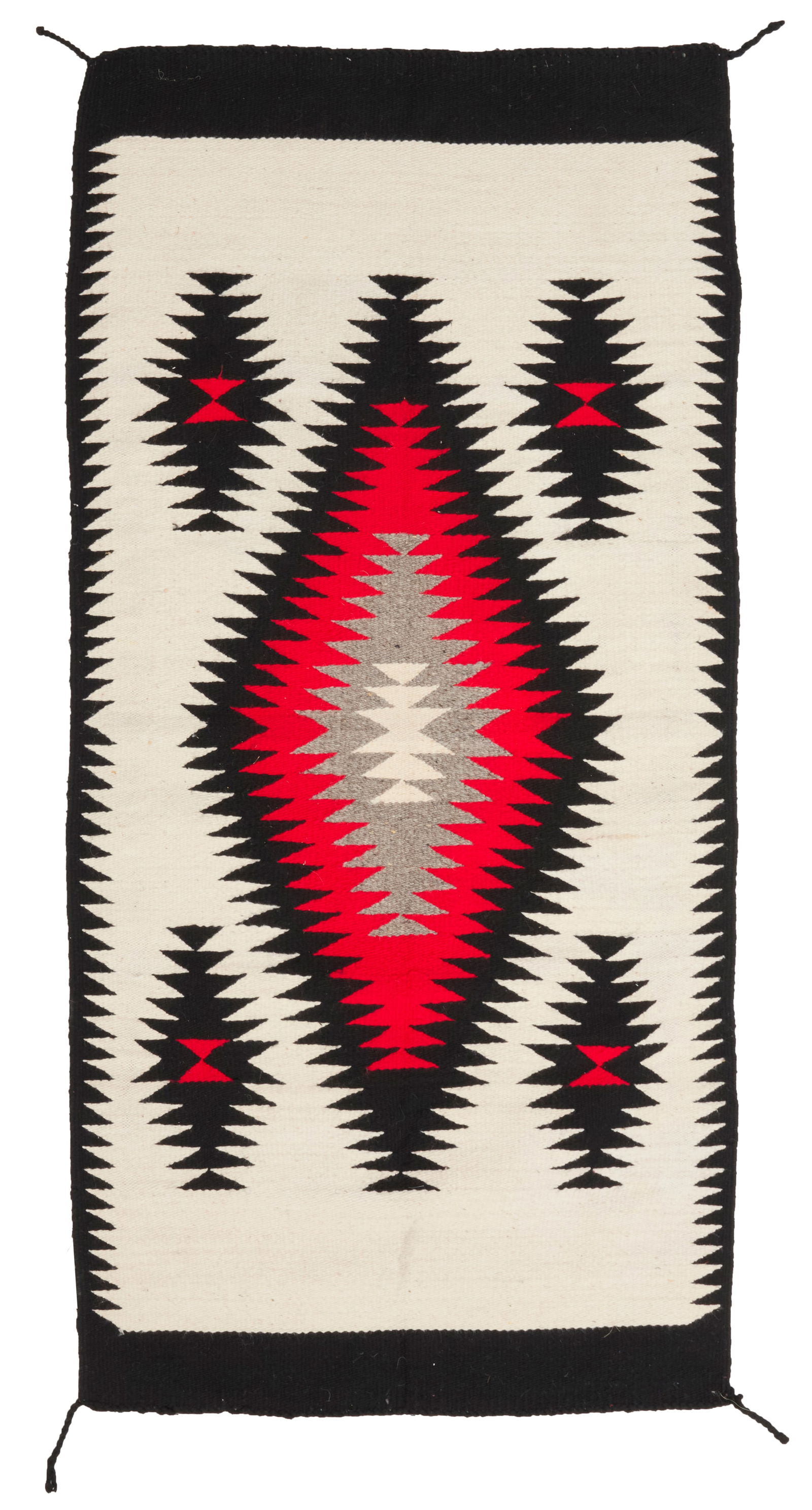A Navajo regional rug: A Navajo regional rugMid/late 20th century, DineWoven in white, red, grey, and cream wool with a large central serrated diamond and four floating diamonds, with black serrated borders to sides58" H x