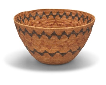 A large polychrome Mission basketry bowl