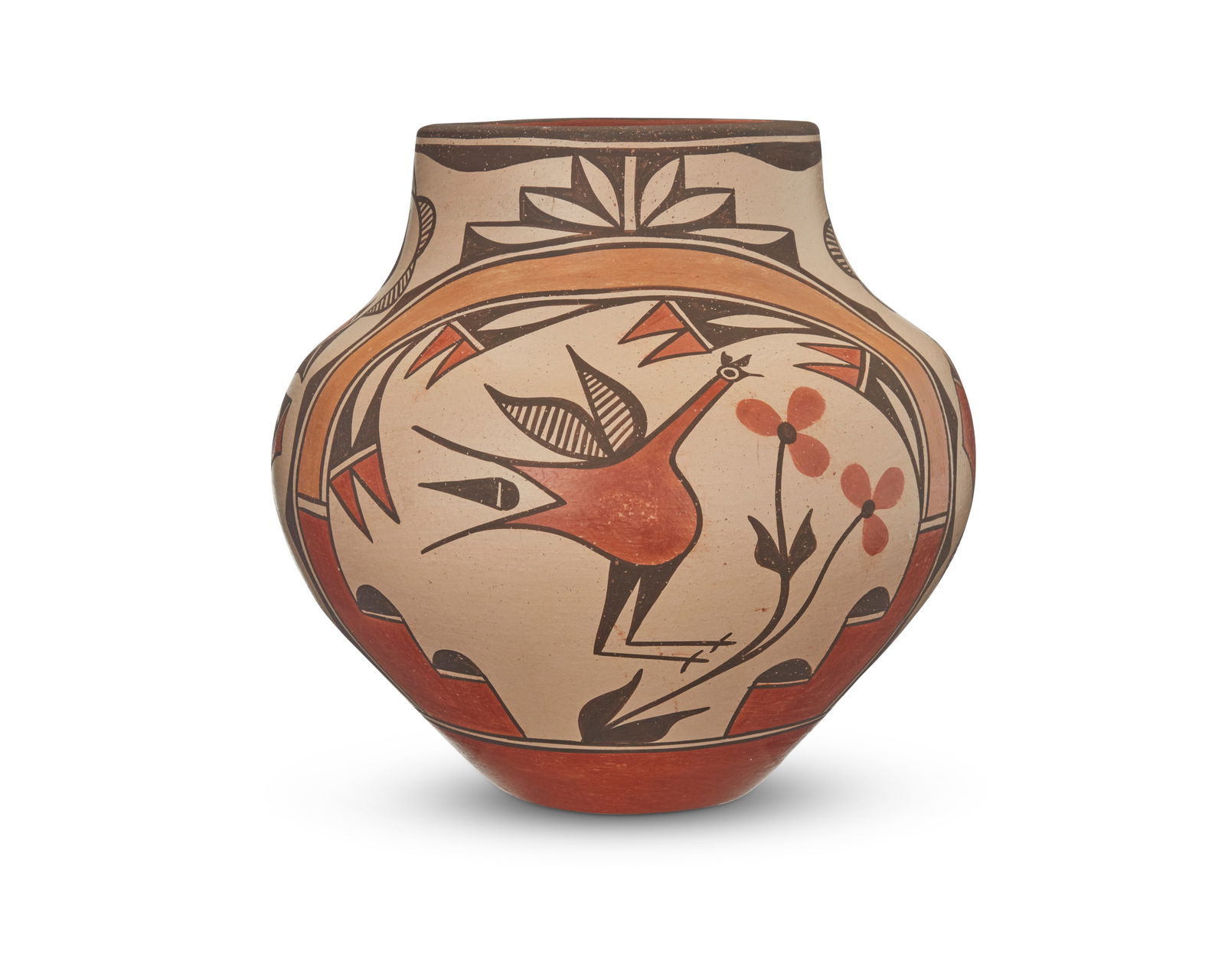 Elizabeth Toya Medina (b. 1956, Jemez/Zia Pueblo), A polychrome pottery jar, circa 1985: Elizabeth Toya Medina (b. 1956, Jemez/Zia Pueblo)A polychrome pottery jar, circa 1985Signed in felt ink to underside: Elizabeth Medina / ZiaThe four-color jar with orange, red, and brown roadrunner an
