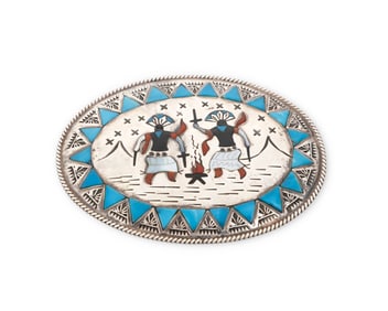 A Benson Boyd Navajo sterling silver and stone inlay storyteller belt buckle