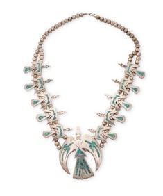 A Navajo sterling silver "Peyote Bird" squash blossom necklace