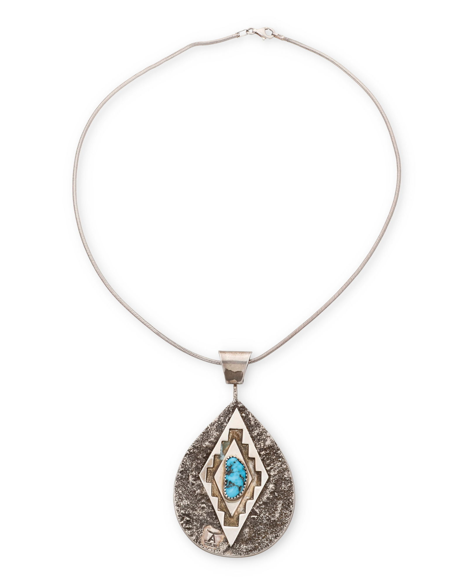 A Tony Aguilar Sr. Kewa sterling silver and turquoise pendant necklace: A Tony Aguilar Sr. Kewa sterling silver and turquoise pendant necklaceTony Aguilar, Sr. (1919-2002, Kewa/Santo Domingo Pueblo)Late 20th centuryStamped to one side: A [with half circle above] / Sterlin