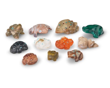 A group of Southwest Pueblo carved stone frog fetish figures