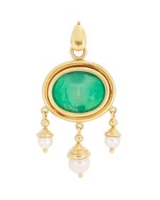Elizabeth Locke: An 18K Gold, Green Glass and Cultured Pearl Pendant/Brooch