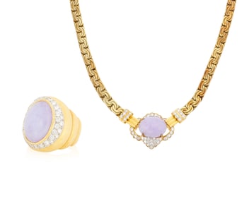 An 18K Gold, Lavender Jade and Diamond Necklace and Ring Set