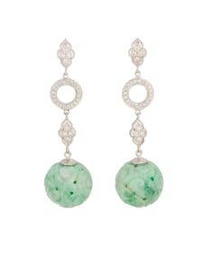 A Pair of 18K White Gold, Platinum, Jade and Diamond Earrings