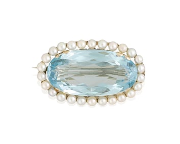 An 18K White Gold, Aquamarine and Seed Pearl Brooch