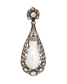A Silver Topped-Gold, Natural Saltwater Pearl and Diamond Brooch