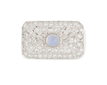 A 14K White Gold, Moonstone and Diamond Brooch/Pendant, c.1930