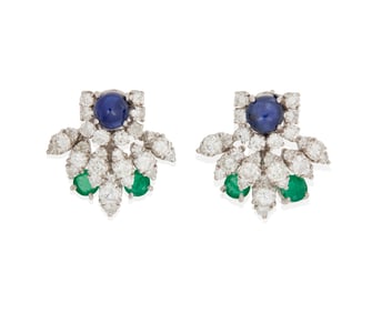 A Pair of 18K White Gold, Sapphire, Emerald and Diamond Earrings
