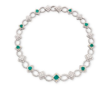 An 18K Bi-Color Gold, Emerald and Diamond Necklace