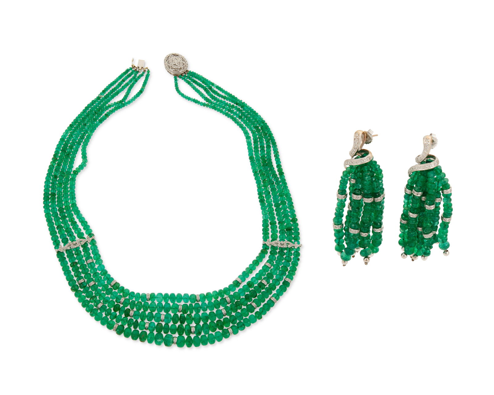 A 14K White Gold, Emerald and Diamond Necklace and Earring Set (1 of 4)