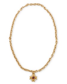 An 18K Gold Chain with an 18K Gold, Rubellite and Cultured Pearl Pendant by Joan Boyce