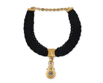 A Joan Boyce 18K Gold and Silk Collar with an 18K Gold and Ancient Coin Pendant