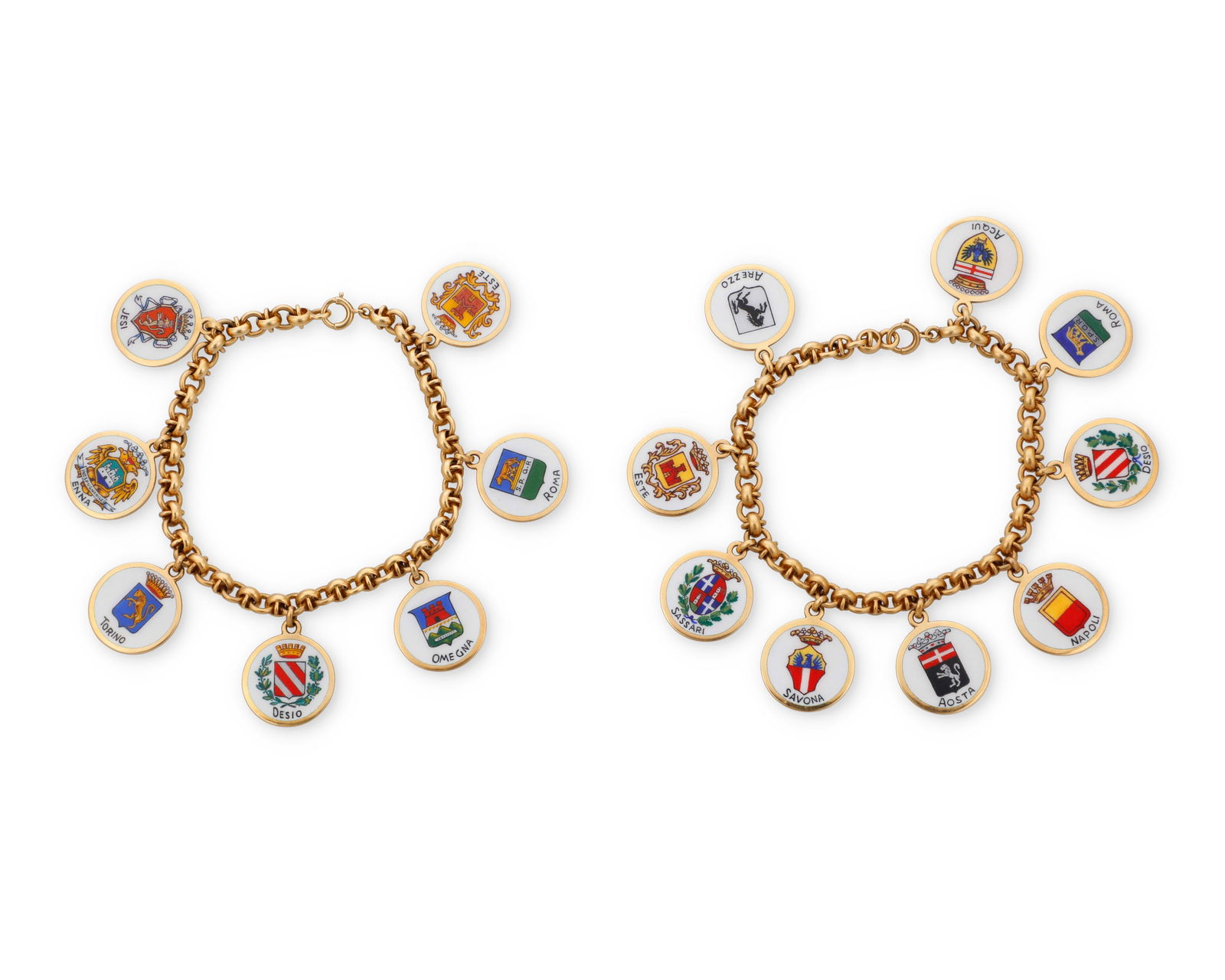 Two 18K Gold and Enamel Italian City Charm Bracelets: Two 18K Gold and Enamel Italian City Charm BraceletsComposed of one bracelet suspending seven charms featuring Torino, Roma and Este, the other including nine charms featuring Sassari, Napoli and Acqu