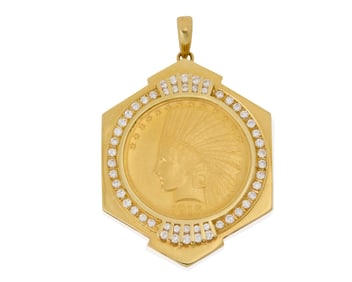 A Gold Coin and Diamond Pendant