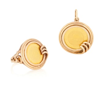 A Gold Coin Ring and Pedant Set