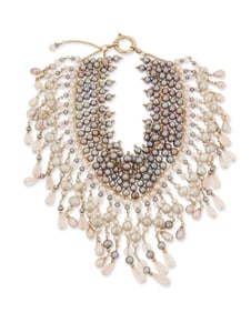 A 14K Gold, Cultured Pearl and Rose Quartz Necklace