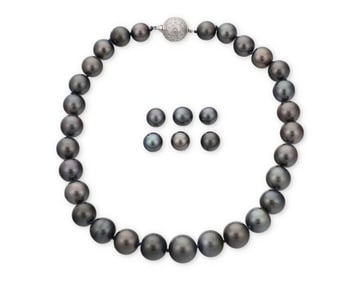 A Pair of 14K White Gold and Colored Cultured Pearl Necklace