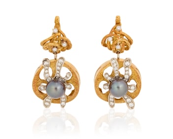 A Pair of 18K Bi-Color Gold, Colored Cultured Pearl and Diamond Earrings
