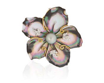 Piodoro: An 18K Bi-Color Gold, Abalone, Colored Cultured Pearl, and Diamond Enhancer
