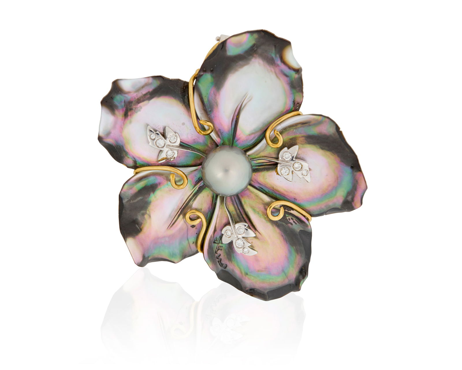Piodoro: An 18K Bi-Color Gold, Abalone, Colored Cultured Pearl, and Diamond Enhancer: Piodoro: An 18K Bi-Color Gold, Abalone, Colored Cultured Pearl, and Diamond EnhancerFeaturing carved abalone in a floral design accented by round diamonds, centering a single grey cultured pearl measu