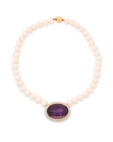 A Gold, Amethyst, Cultured Pearl and Diamond Necklace