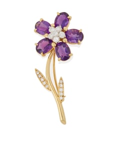 A 14K Gold, Amethyst and Diamond Brooch
