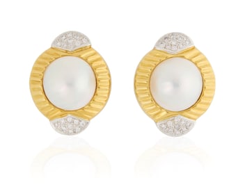 A Pair of 18K Bi-Color Gold, Mabe Pearl and Diamond Earclips