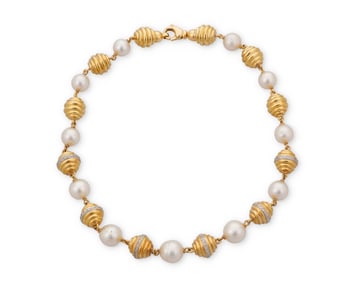 An 18K Gold, Cultured Pearl and Diamond Necklace