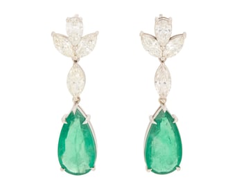 A Pair of 18K White Gold, Emerald and Diamond Earrings