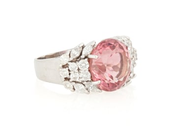 A 14K White Gold, Pink Tourmaline and Diamond Ring