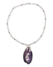 An 18K White Gold, Carved Amethyst and Diamond Necklace